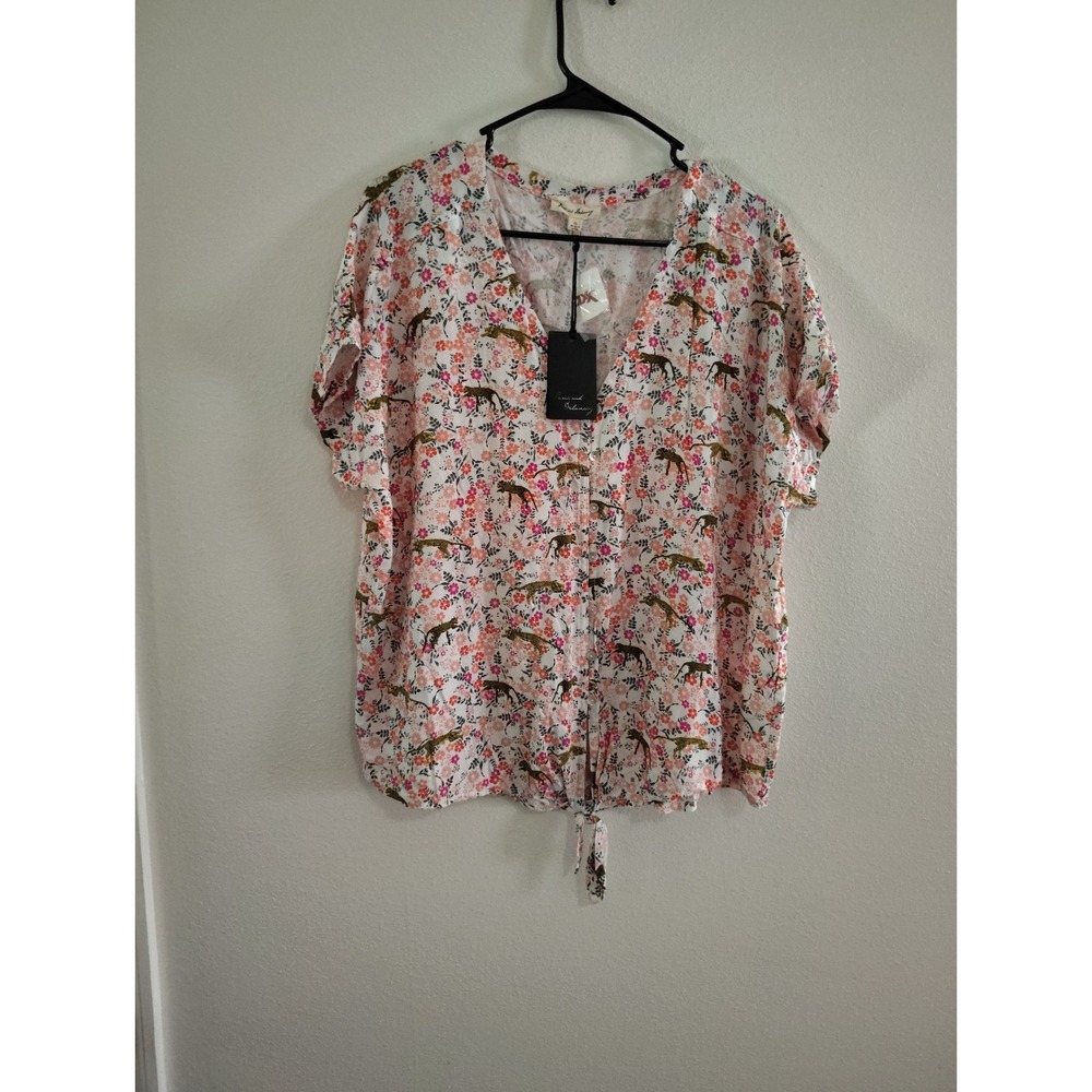 June and Delancey‎ Floral Cheetah Print Tie Front Button Down Top XL NWT
